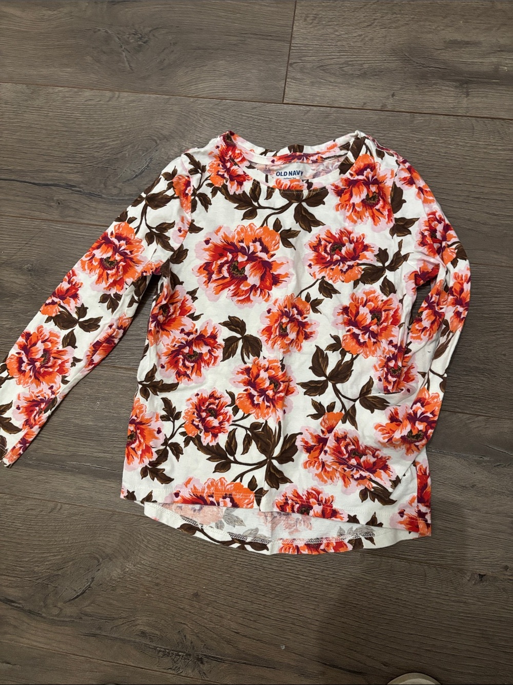 Old Navy White Floral Long Sleeve Top with Orange & Brown Flowers